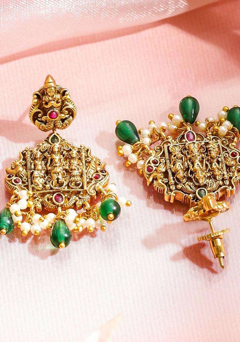 18K Gold-Plated Brass Green & Red Stone Temple Necklace Set with Beads for Women | Traditional Temple Jewellery for Wedding & Festive Wear | Gift for Her - Indya