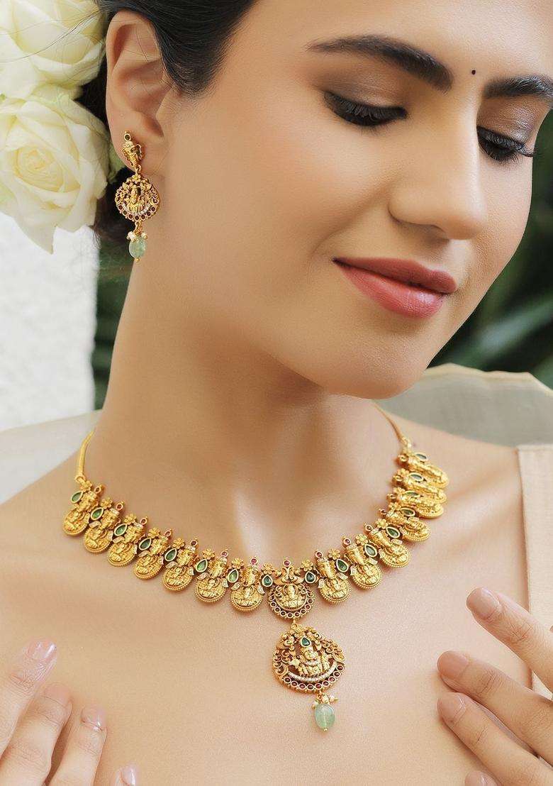 18K Gold-Plated Brass Green, Red & CZ Stones & Mint Green Beads Temple Necklace Set for Women | Traditional Temple Jewellery for Wedding & Festive Wear | Gift for Her - Indya