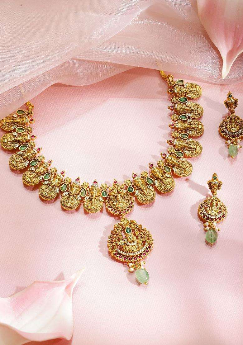 18K Gold-Plated Brass Green, Red & CZ Stones & Mint Green Beads Temple Necklace Set for Women | Traditional Temple Jewellery for Wedding & Festive Wear | Gift for Her - Indya