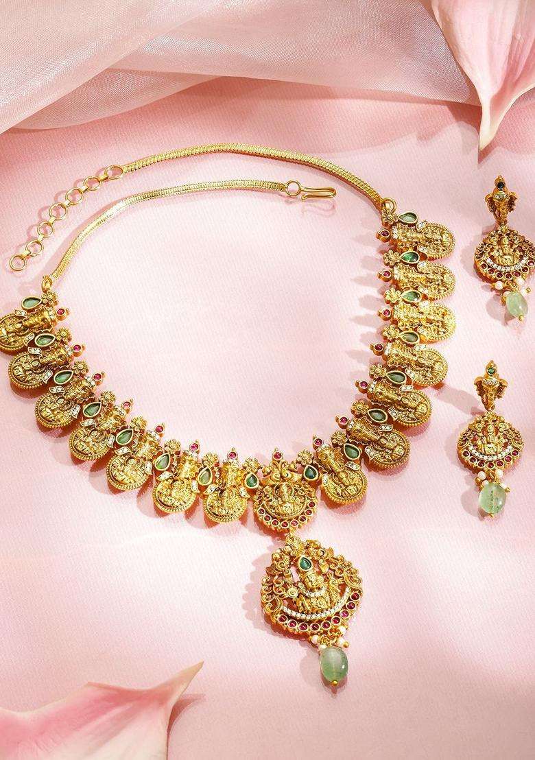 18K Gold-Plated Brass Green, Red & CZ Stones & Mint Green Beads Temple Necklace Set for Women | Traditional Temple Jewellery for Wedding & Festive Wear | Gift for Her - Indya