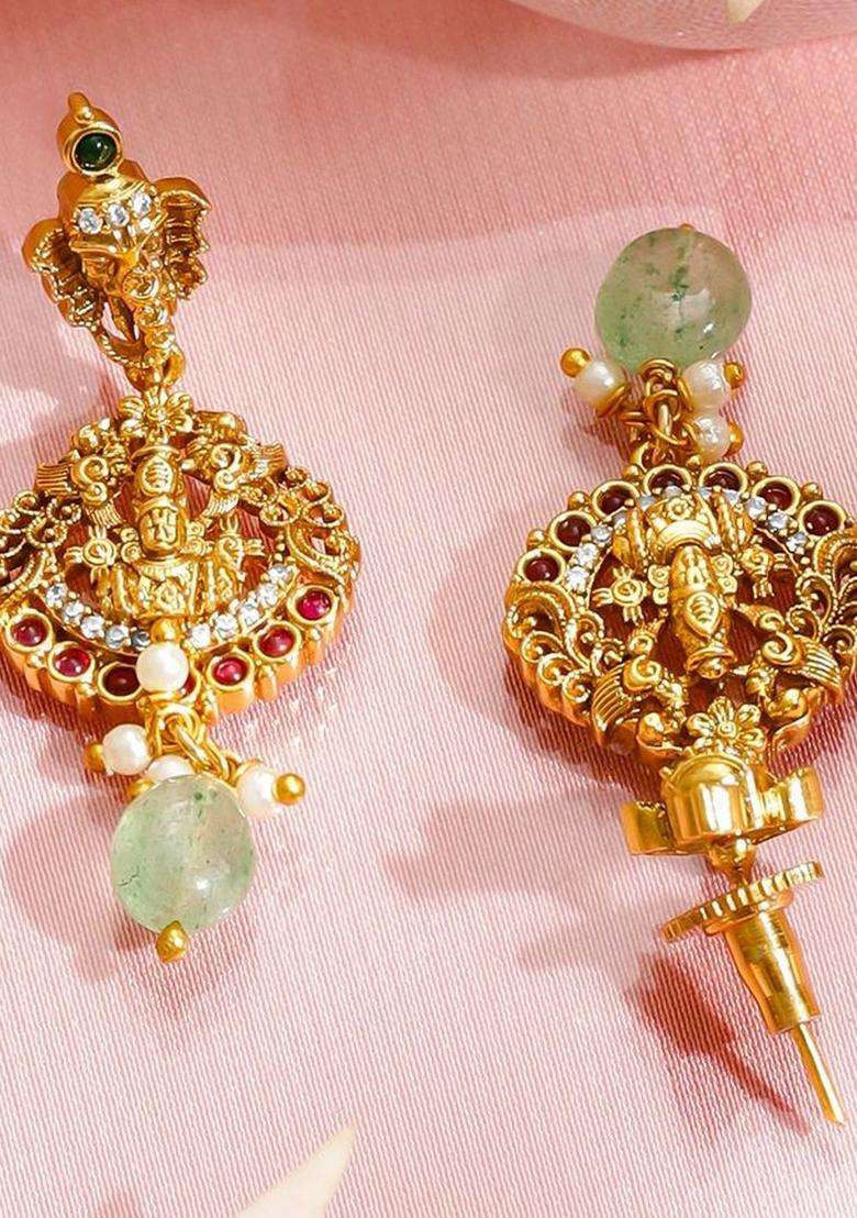 18K Gold-Plated Brass Green, Red & CZ Stones & Mint Green Beads Temple Necklace Set for Women | Traditional Temple Jewellery for Wedding & Festive Wear | Gift for Her - Indya