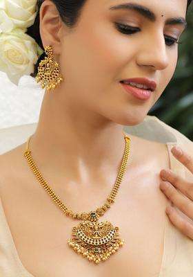 18K Gold-Plated Brass Ruby, Green Stones & Pearls Temple Necklace Set for Women | Traditional Temple Jewellery for Wedding & Festive Wear | Gift for Her