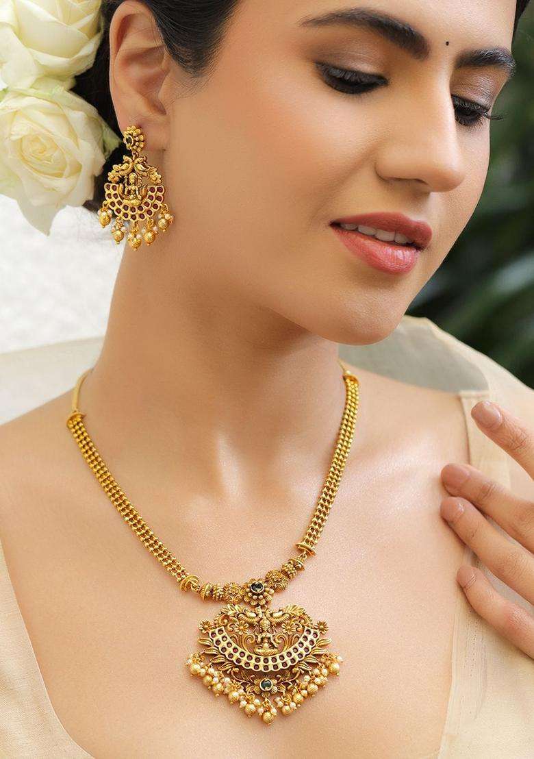 18K Gold-Plated Brass Ruby, Green Stones & Pearls Temple Necklace Set for Women | Traditional Temple Jewellery for Wedding & Festive Wear | Gift for Her - Indya