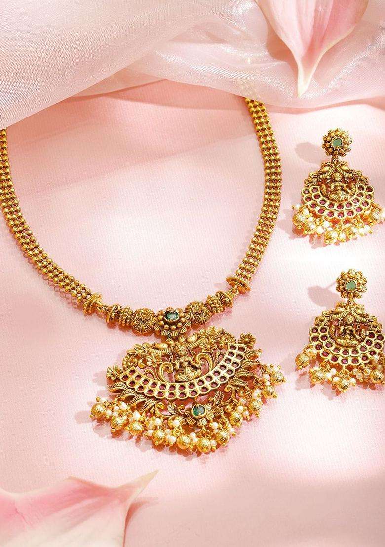 18K Gold-Plated Brass Ruby, Green Stones & Pearls Temple Necklace Set for Women | Traditional Temple Jewellery for Wedding & Festive Wear | Gift for Her - Indya