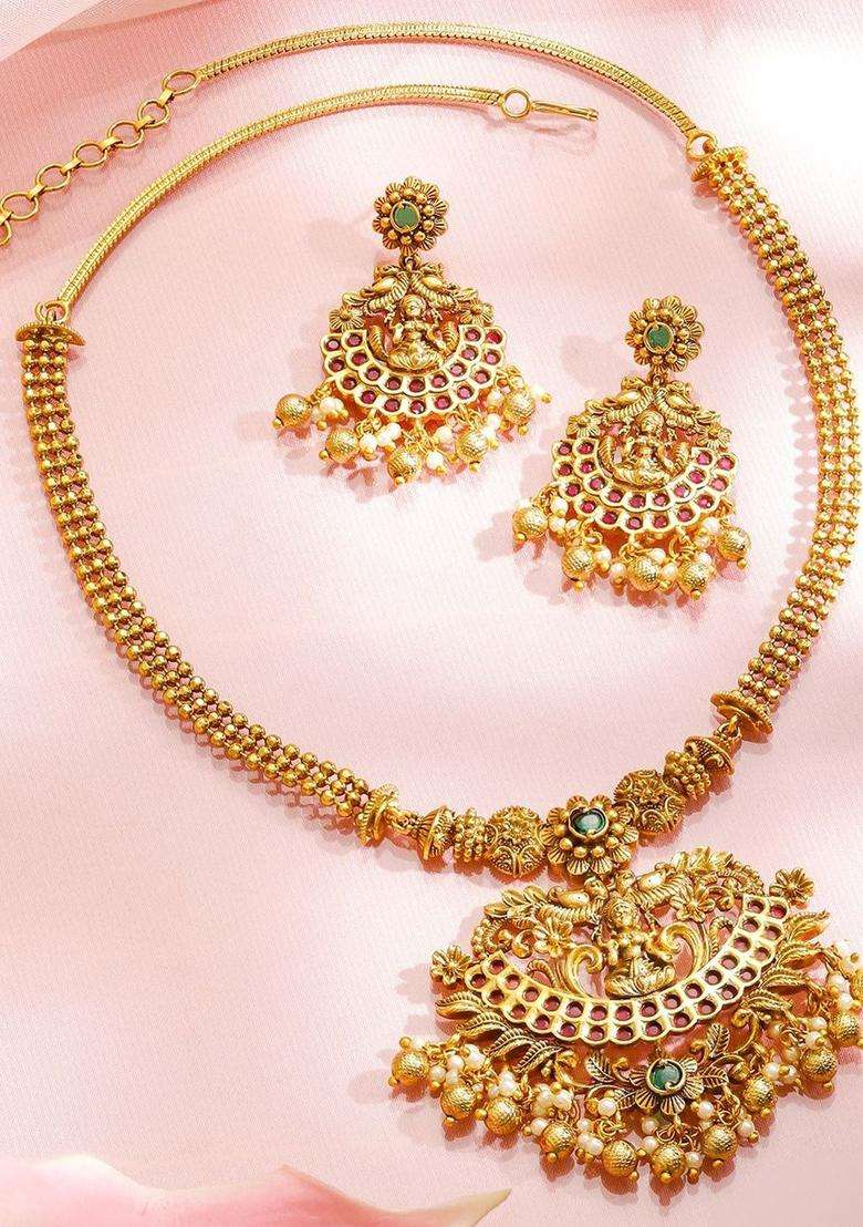 18K Gold-Plated Brass Ruby, Green Stones & Pearls Temple Necklace Set for Women | Traditional Temple Jewellery for Wedding & Festive Wear | Gift for Her - Indya