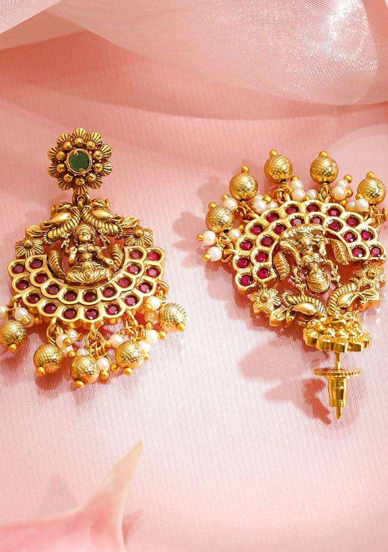 18K Gold-Plated Brass Ruby, Green Stones & Pearls Temple Necklace Set for Women | Traditional Temple Jewellery for Wedding & Festive Wear | Gift for Her - Indya