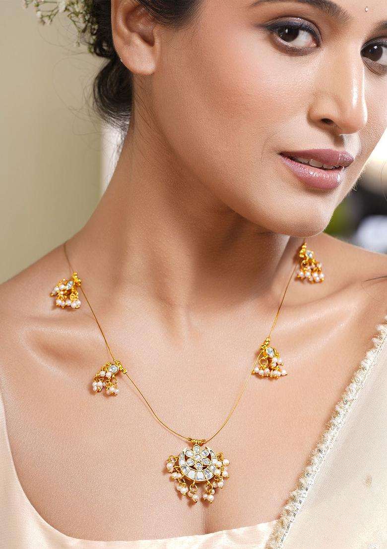 22K Gold-Plated Kundan Pearl Cluster Necklace Set for Women | Traditional Temple Jewellery for Wedding & Festive Wear | Gift for Her - Indya