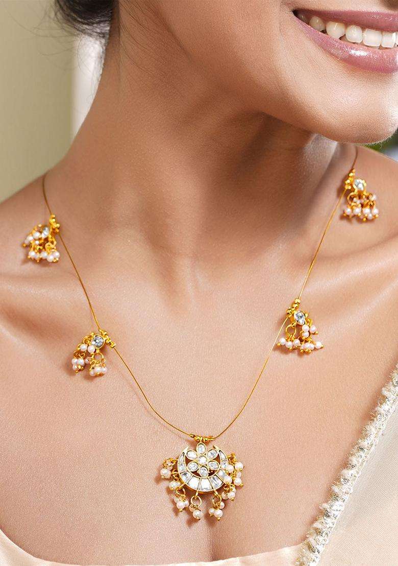 22K Gold-Plated Kundan Pearl Cluster Necklace Set for Women | Traditional Temple Jewellery for Wedding & Festive Wear | Gift for Her - Indya