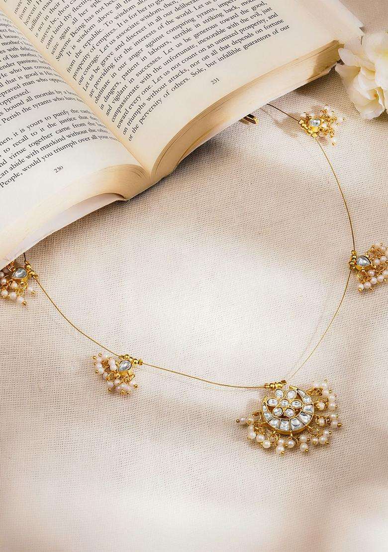22K Gold-Plated Kundan Pearl Cluster Necklace Set for Women | Traditional Temple Jewellery for Wedding & Festive Wear | Gift for Her - Indya