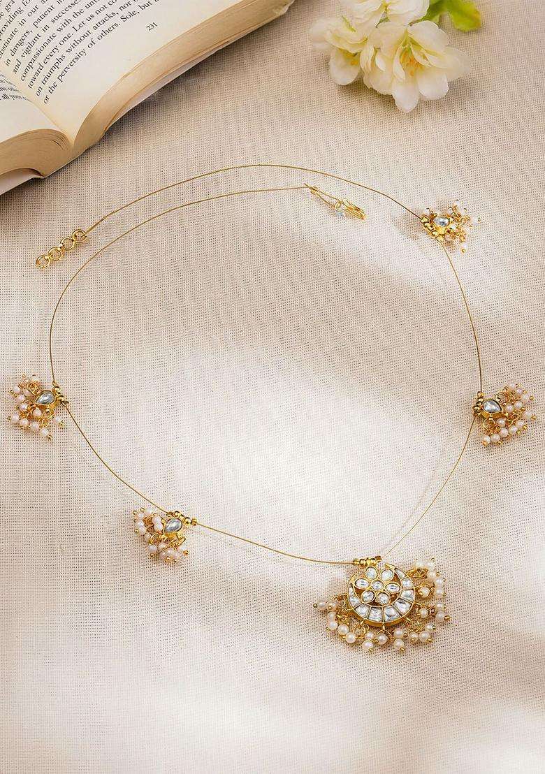 22K Gold-Plated Kundan Pearl Cluster Necklace Set for Women | Traditional Temple Jewellery for Wedding & Festive Wear | Gift for Her - Indya