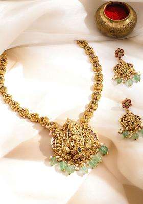 22KT Gold-Plated Cubic Zirconia-Studded & Beaded Lakshmi Goddess Jewellery Set for Women | Traditional Temple Jewellery for Wedding & Festive Wear | Gift for Her