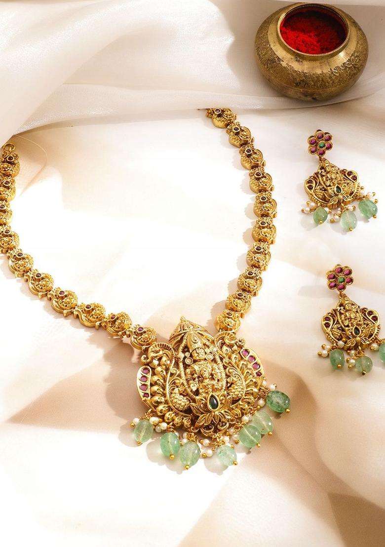 22KT Gold-Plated Cubic Zirconia-Studded & Beaded Lakshmi Goddess Jewellery Set for Women | Traditional Temple Jewellery for Wedding & Festive Wear | Gift for Her - Indya