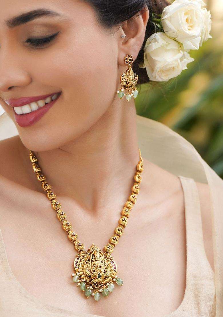 22KT Gold-Plated Cubic Zirconia-Studded & Beaded Lakshmi Goddess Jewellery Set for Women | Traditional Temple Jewellery for Wedding & Festive Wear | Gift for Her - Indya