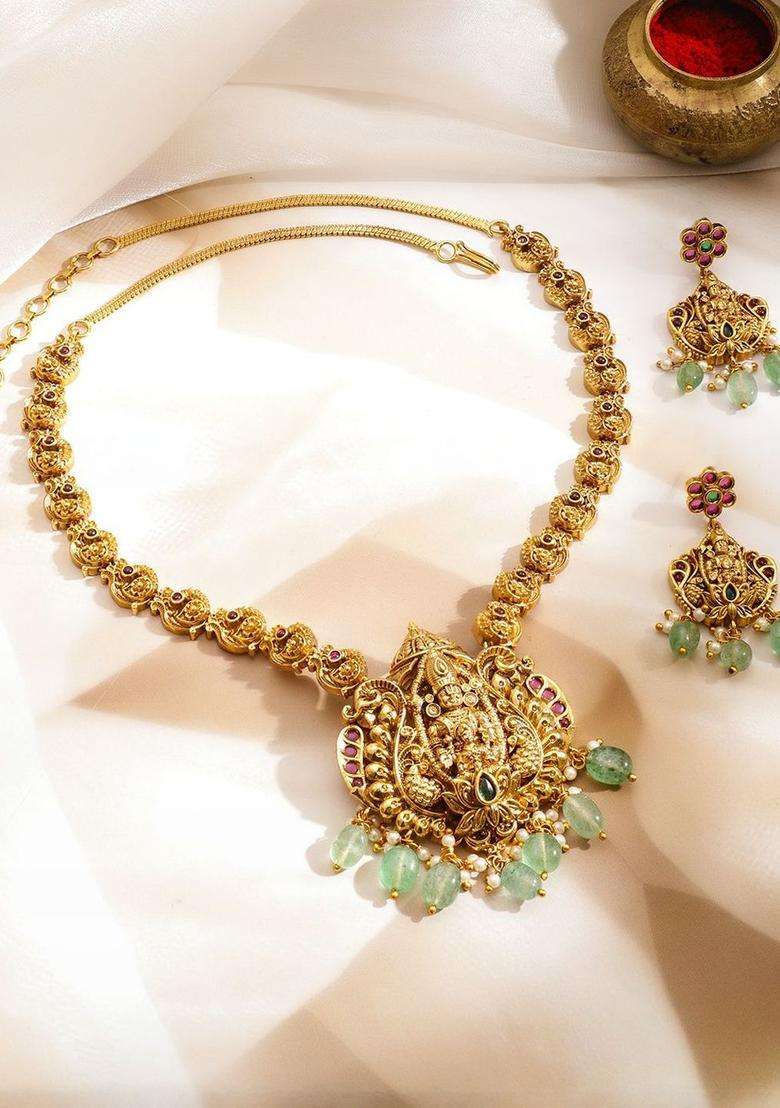22KT Gold-Plated Cubic Zirconia-Studded & Beaded Lakshmi Goddess Jewellery Set for Women | Traditional Temple Jewellery for Wedding & Festive Wear | Gift for Her - Indya