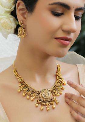 18K Gold-Plated Cubic Zirconia Studded & Beaded Necklace with Earrings for Women | Traditional Temple Jewellery for Wedding & Festive Wear | Gift for Her