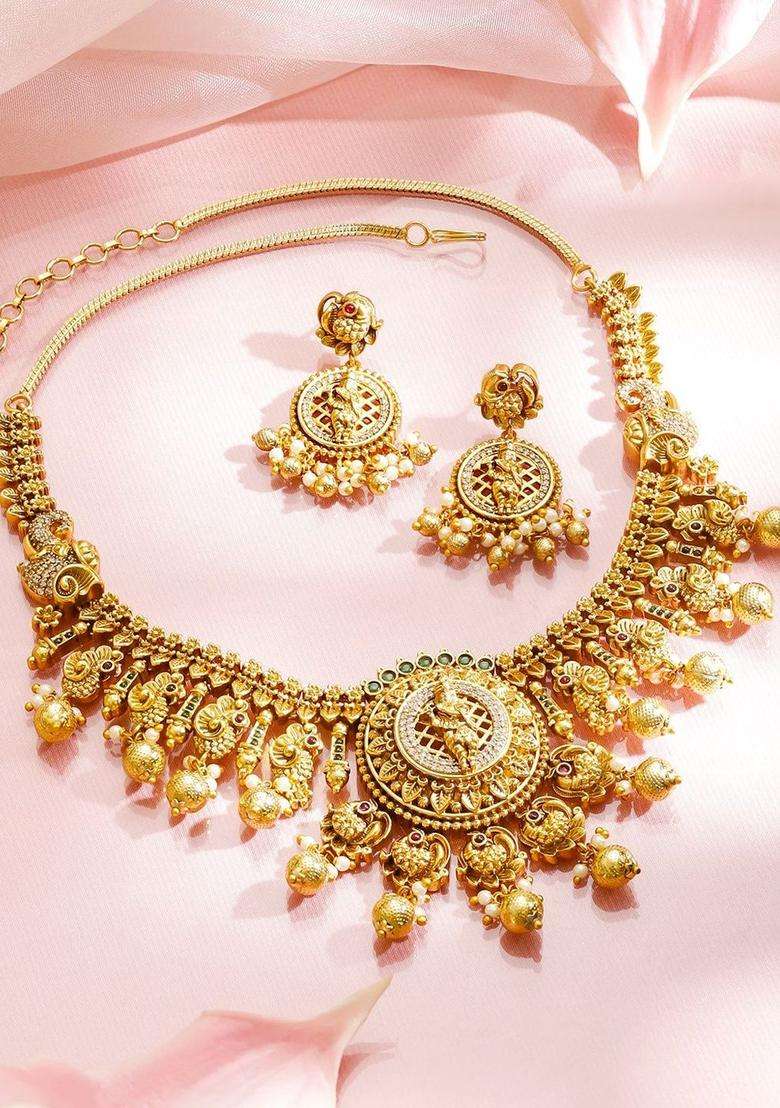 18K Gold-Plated Cubic Zirconia Studded & Beaded Necklace with Earrings for Women | Traditional Temple Jewellery for Wedding & Festive Wear | Gift for Her - Indya