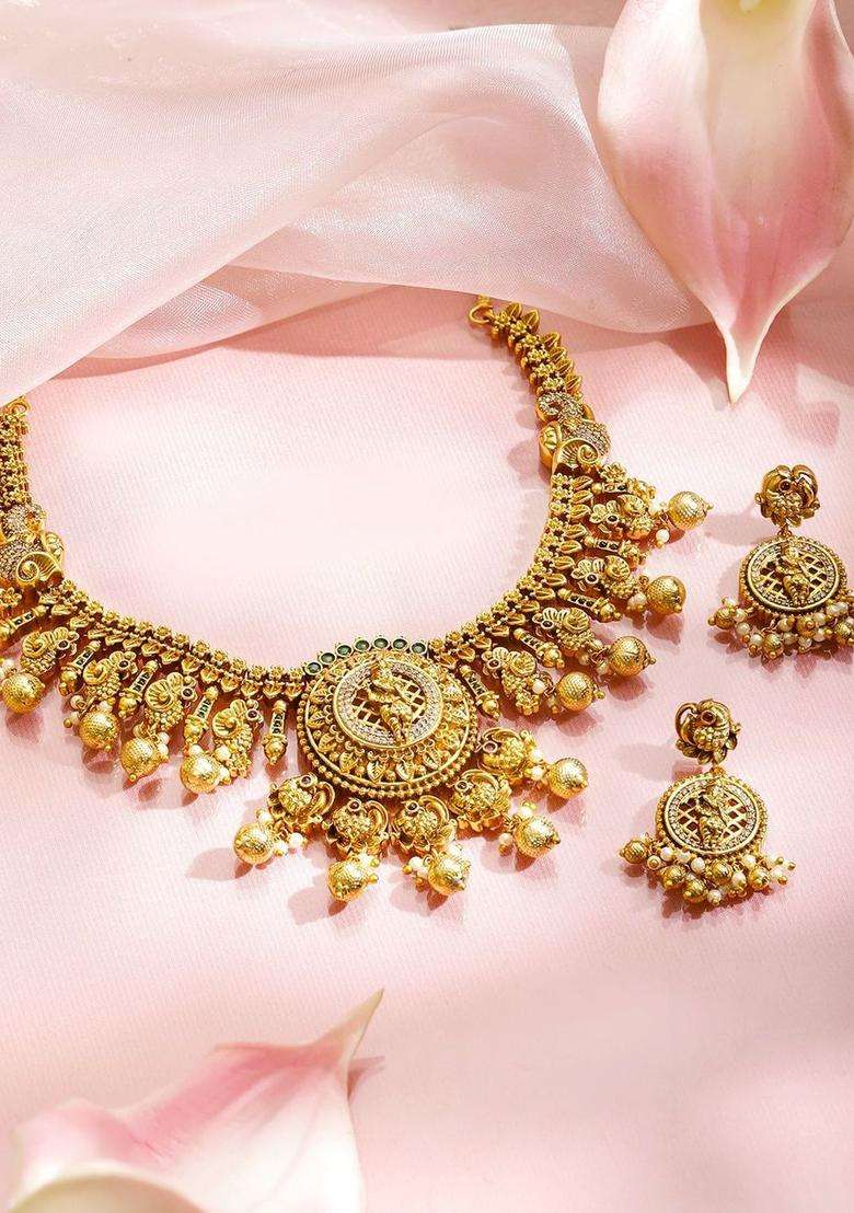 18K Gold-Plated Cubic Zirconia Studded & Beaded Necklace with Earrings for Women | Traditional Temple Jewellery for Wedding & Festive Wear | Gift for Her - Indya