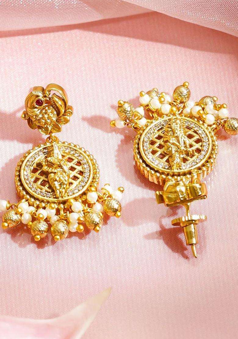 18K Gold-Plated Cubic Zirconia Studded & Beaded Necklace with Earrings for Women | Traditional Temple Jewellery for Wedding & Festive Wear | Gift for Her - Indya