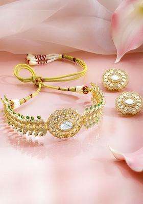 Brass Cubic Zirconia 24K Gold-Plated Kundan Choker Necklace Set for Women | Traditional Temple Jewellery for Wedding & Festive Wear | Gift for Her