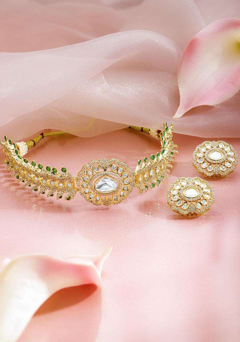 Brass Cubic Zirconia 24K Gold-Plated Kundan Choker Necklace Set for Women | Traditional Temple Jewellery for Wedding & Festive Wear | Gift for Her - Indya