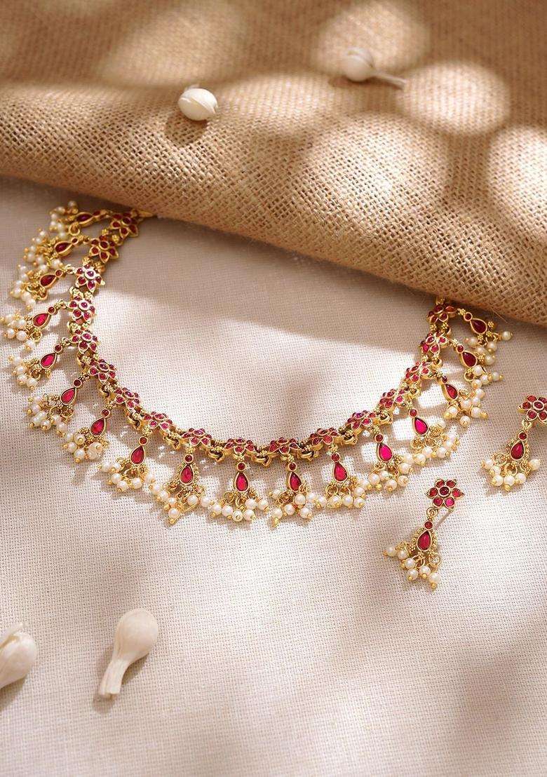 Gold-Plated Temple Pearl Necklace and Earrings for Women | Traditional Temple Jewellery for Wedding & Festive Wear | Gift for Her - Indya