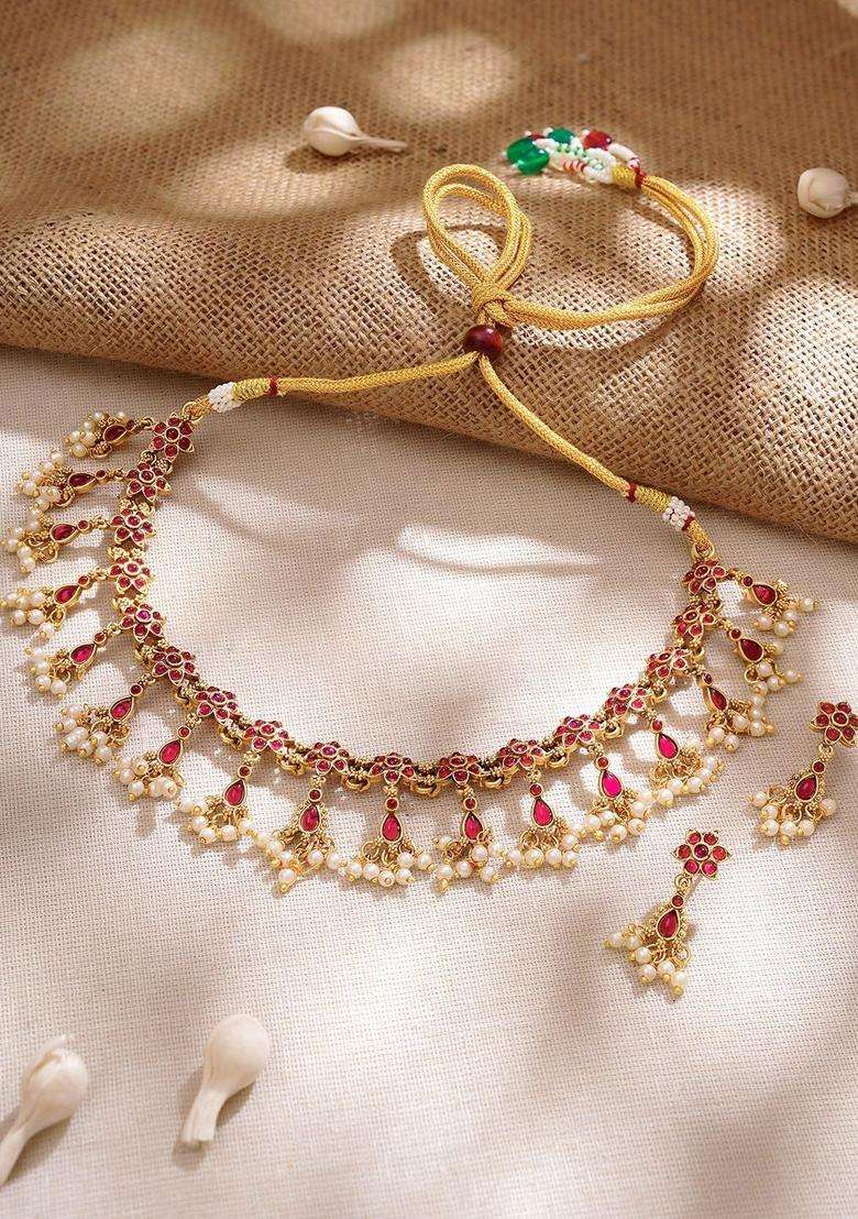 Gold-Plated Temple Pearl Necklace and Earrings for Women | Traditional Temple Jewellery for Wedding & Festive Wear | Gift for Her - Indya