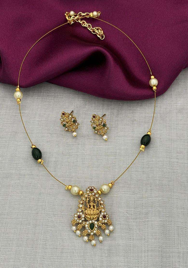 Gold-Plated Cubic Zirconia Stone-Studded & Beaded Jewellery Set for Women | Traditional Temple Jewellery for Wedding & Festive Wear | Gift for Her - Indya