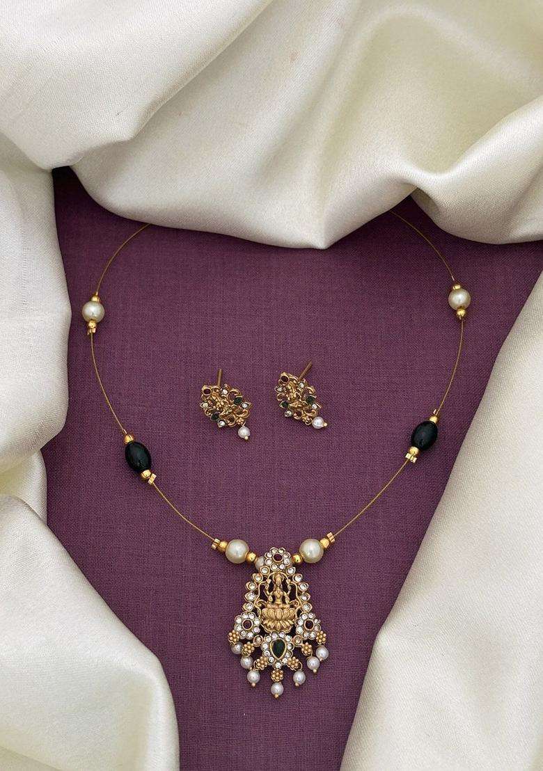 Gold-Plated Cubic Zirconia Stone-Studded & Beaded Jewellery Set for Women | Traditional Temple Jewellery for Wedding & Festive Wear | Gift for Her - Indya