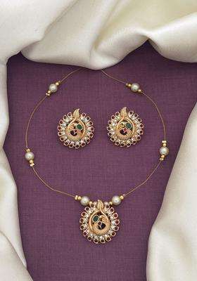 Gold-Plated Cubic Zirconia Stone-Studded & Beaded Jewellery Set for Women | Traditional Temple Jewellery for Wedding & Festive Wear | Gift for Her