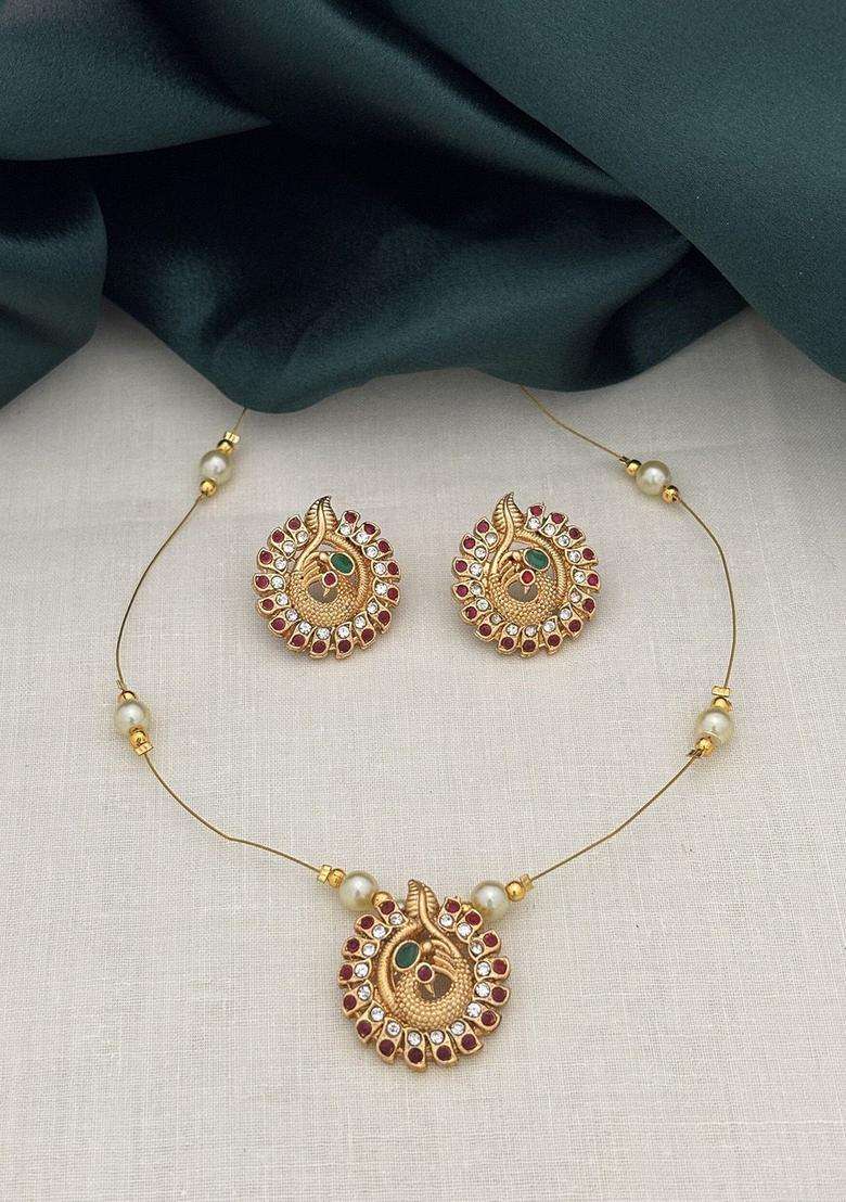 Gold-Plated Cubic Zirconia Stone-Studded & Beaded Jewellery Set for Women | Traditional Temple Jewellery for Wedding & Festive Wear | Gift for Her - Indya