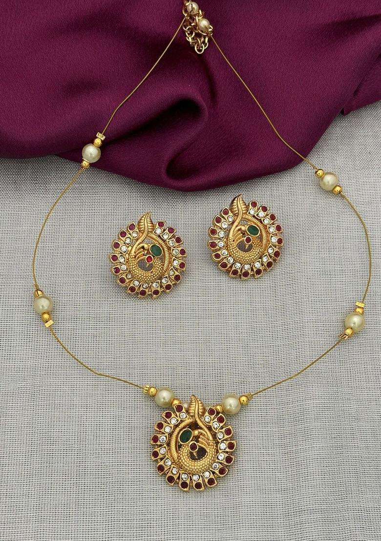 Gold-Plated Cubic Zirconia Stone-Studded & Beaded Jewellery Set for Women | Traditional Temple Jewellery for Wedding & Festive Wear | Gift for Her - Indya