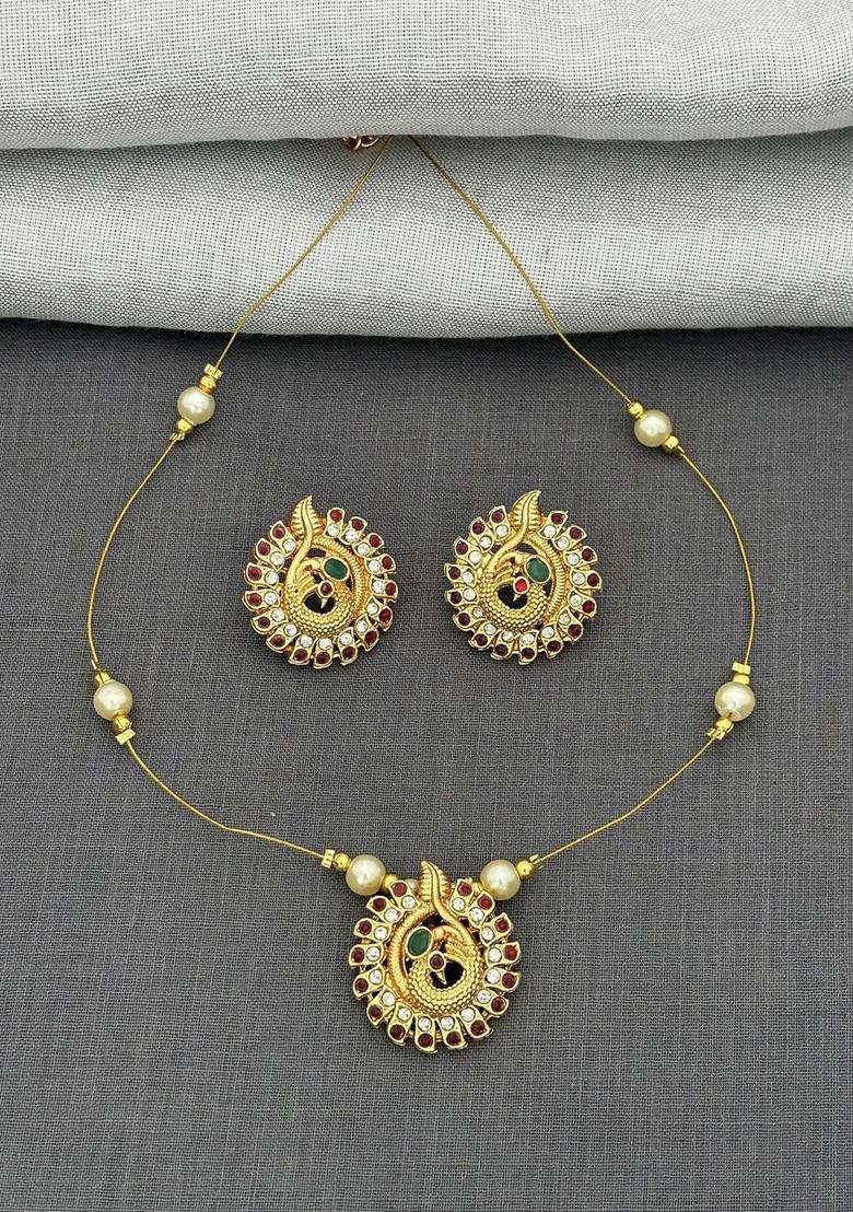 Gold-Plated Cubic Zirconia Stone-Studded & Beaded Jewellery Set for Women | Traditional Temple Jewellery for Wedding & Festive Wear | Gift for Her - Indya
