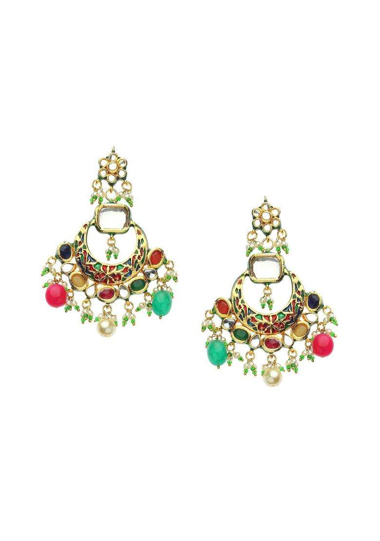 Gold-Plated Multicoloured Contemporary Chandbalis Earrings with Kundan for Women | Traditional Temple Jewellery for Wedding & Festive Wear | Gift for Her - Indya