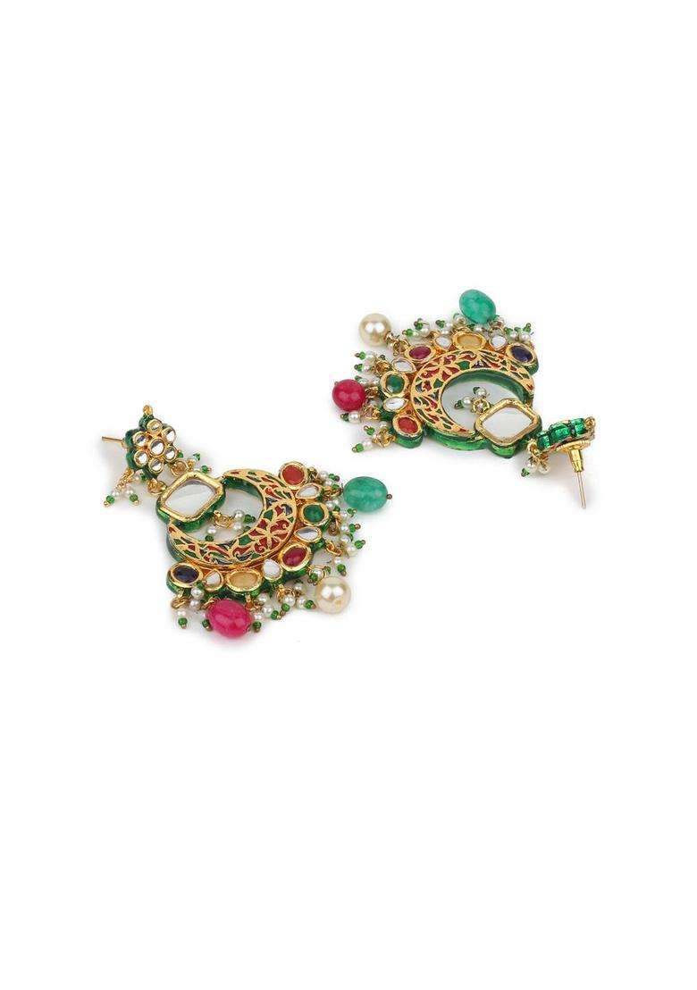 Gold-Plated Multicoloured Contemporary Chandbalis Earrings with Kundan for Women | Traditional Temple Jewellery for Wedding & Festive Wear | Gift for Her - Indya