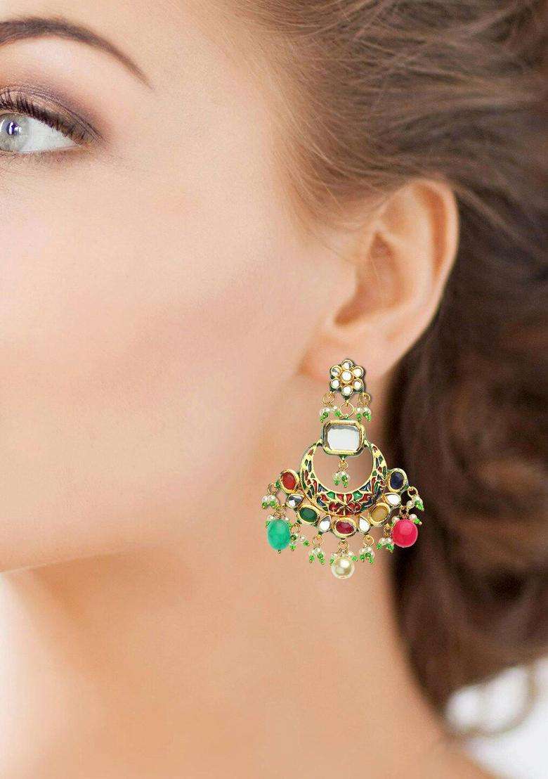 Gold-Plated Multicoloured Contemporary Chandbalis Earrings with Kundan for Women | Traditional Temple Jewellery for Wedding & Festive Wear | Gift for Her - Indya