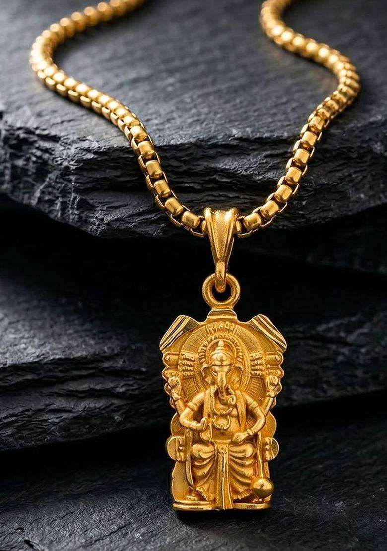 Gold-Plated Geometric Pendants with Chains for Men | Traditional Temple Jewellery for Wedding & Festive Wear | Gift for Him - Indya