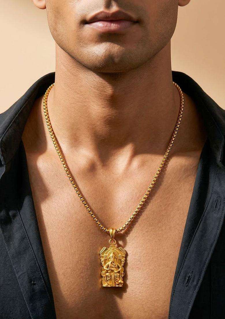 Gold-Plated Geometric Pendants with Chains for Men | Traditional Temple Jewellery for Wedding & Festive Wear | Gift for Him - Indya