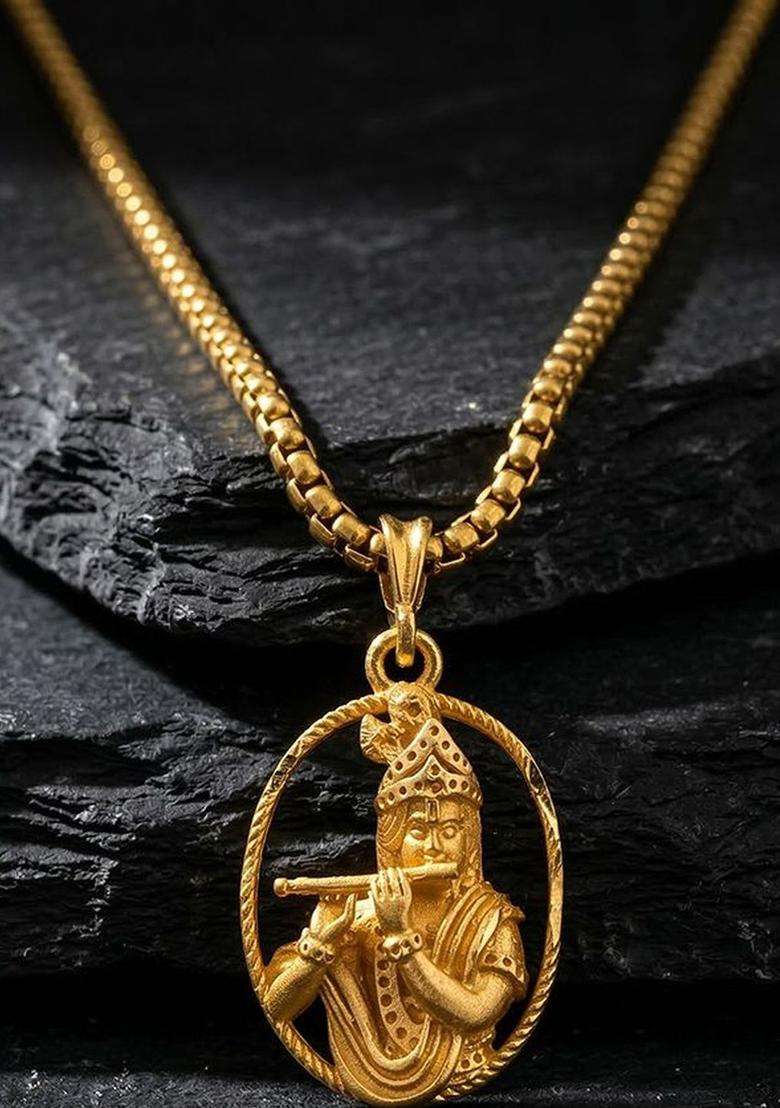 Gold-Plated Oval Pendants with Chains for Men | Traditional Temple Jewellery for Wedding & Festive Wear | Gift for Him - Indya