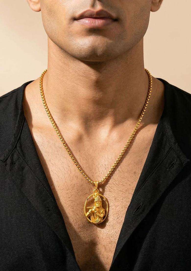 Gold-Plated Oval Pendants with Chains for Men | Traditional Temple Jewellery for Wedding & Festive Wear | Gift for Him - Indya