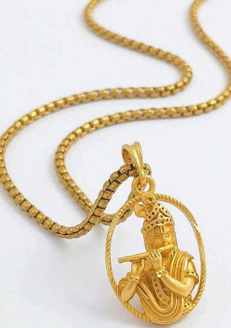 Gold-Plated Oval Pendants with Chains for Men | Traditional Temple Jewellery for Wedding & Festive Wear | Gift for Him - Indya