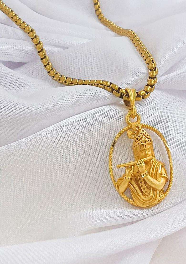 Gold-Plated Oval Pendants with Chains for Men | Traditional Temple Jewellery for Wedding & Festive Wear | Gift for Him - Indya
