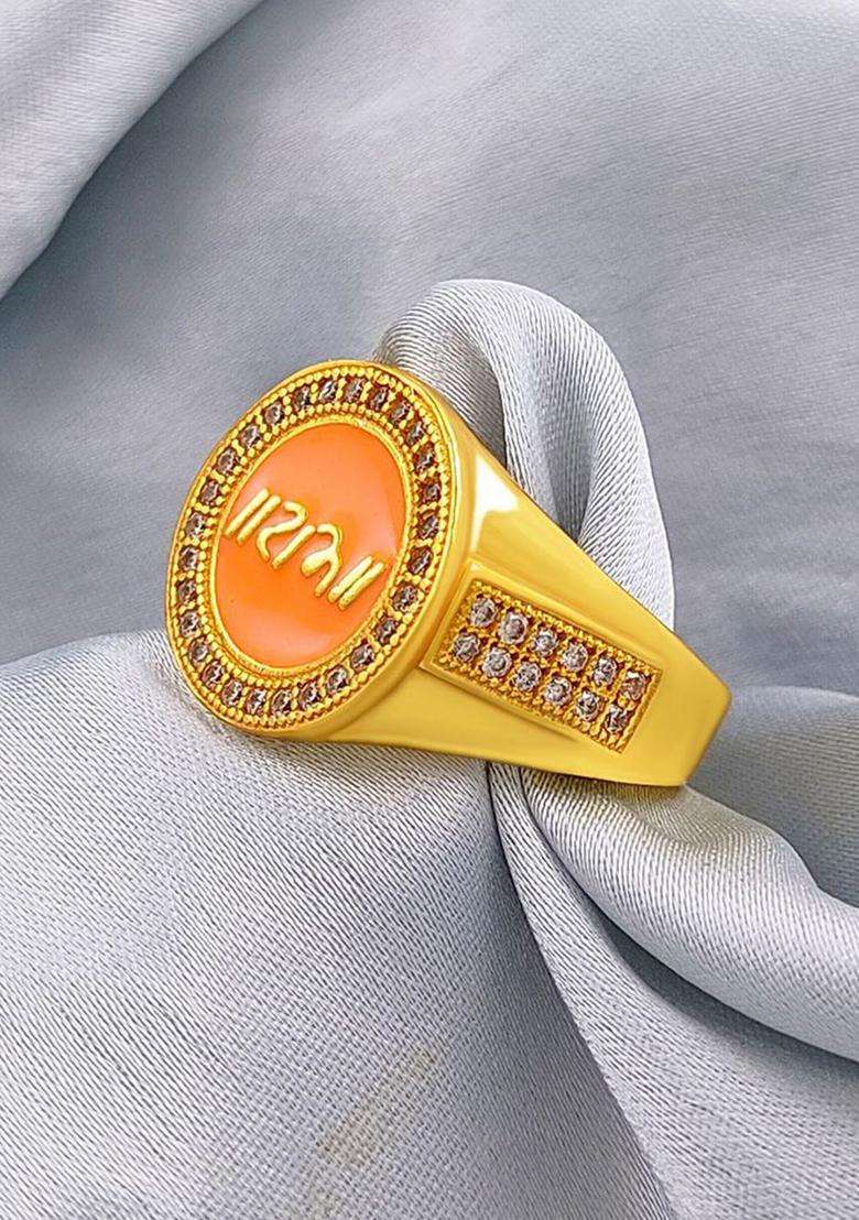 Stainless Steel Gold-Plated American Diamond Stone Studded Finger Ring for Men | Traditional Temple Jewellery for Wedding & Festive Wear | Gift for Him - Indya