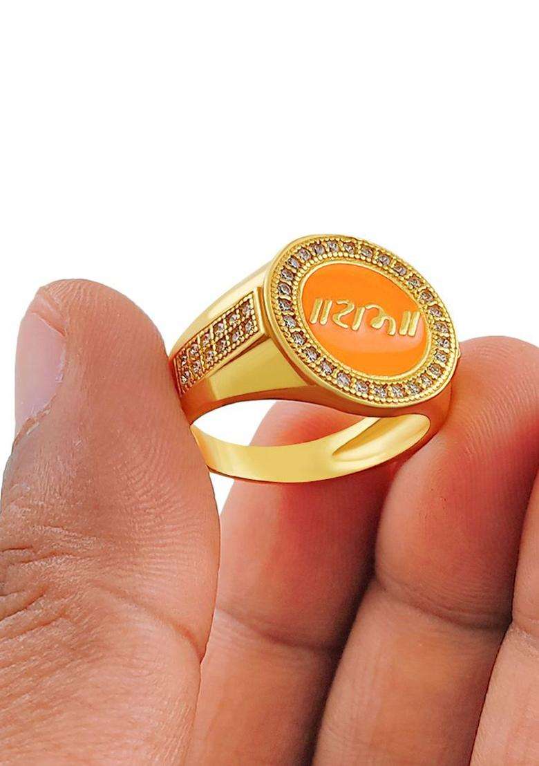 Stainless Steel Gold-Plated American Diamond Stone Studded Finger Ring for Men | Traditional Temple Jewellery for Wedding & Festive Wear | Gift for Him - Indya