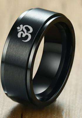 Black Om Printed Stainless Steel Finger Ring for Men | Traditional Temple Jewellery for Wedding & Festive Wear | Gift for Him