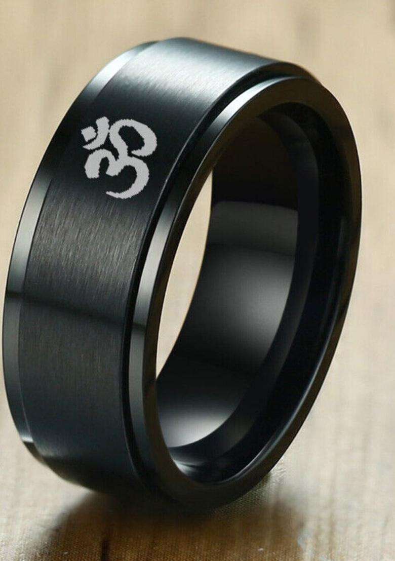 Black Om Printed Stainless Steel Finger Ring for Men | Traditional Temple Jewellery for Wedding & Festive Wear | Gift for Him - Indya