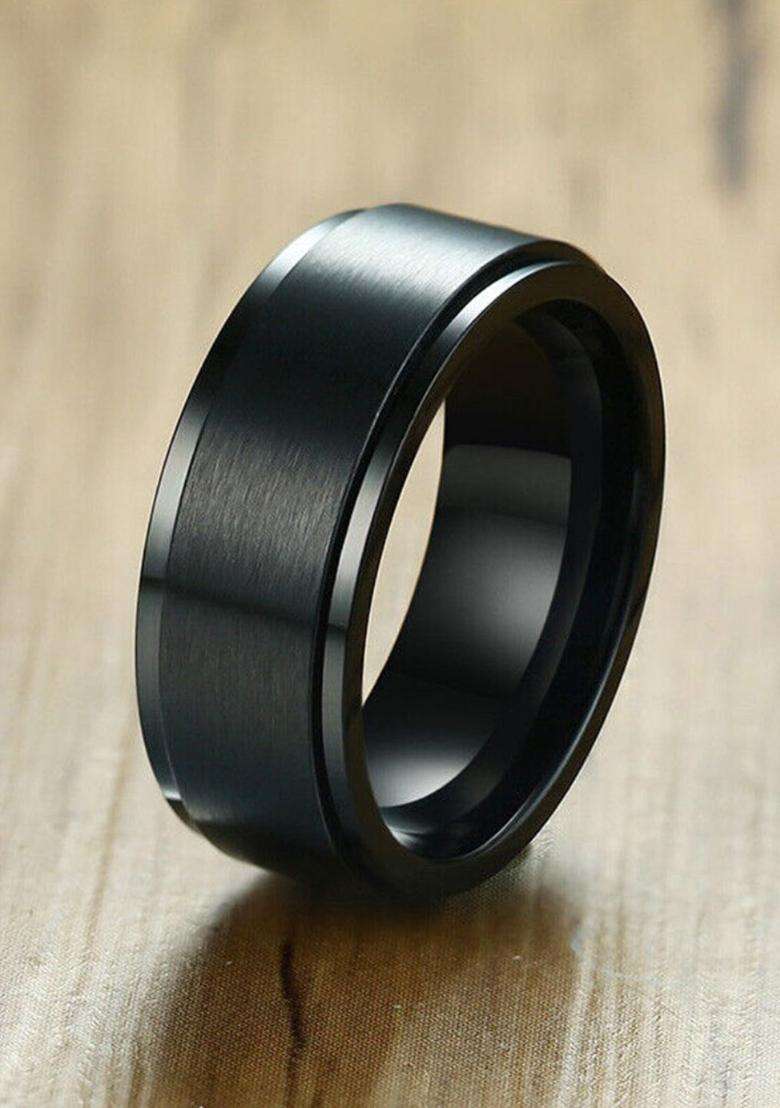 Black Om Printed Stainless Steel Finger Ring for Men | Traditional Temple Jewellery for Wedding & Festive Wear | Gift for Him - Indya