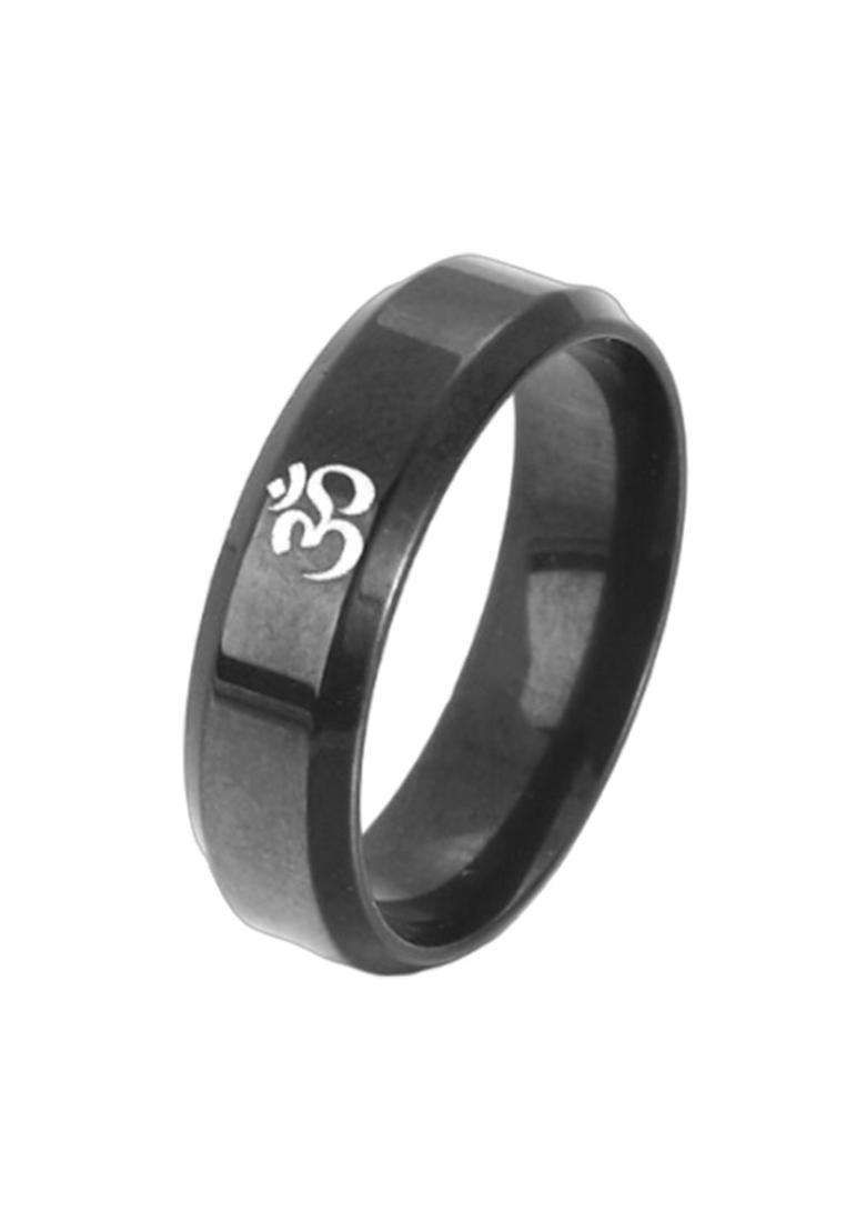 Black Om Printed Stainless Steel Finger Ring for Men | Traditional Temple Jewellery for Wedding & Festive Wear | Gift for Him - Indya