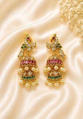 Gold-Plated Peacock Shaped Jhumkas Earrings with American Diamond for Women | Traditional Temple Jewellery for Wedding & Festive Wear | Gift for Her