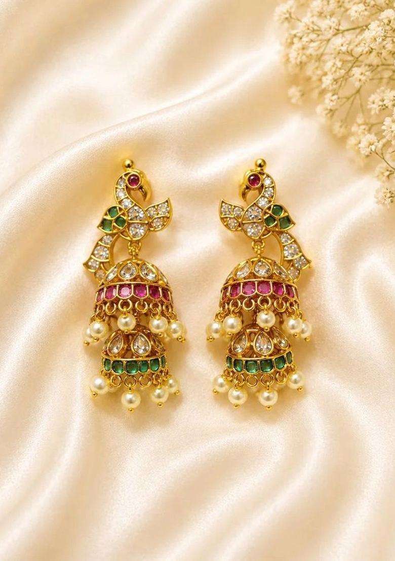 Gold-Plated Peacock Shaped Jhumkas Earrings with American Diamond for Women | Traditional Temple Jewellery for Wedding & Festive Wear | Gift for Her - Indya