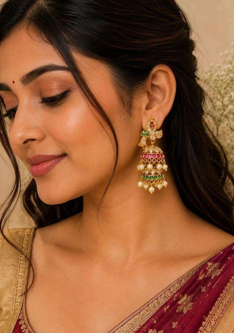 Gold-Plated Peacock Shaped Jhumkas Earrings with American Diamond for Women | Traditional Temple Jewellery for Wedding & Festive Wear | Gift for Her - Indya